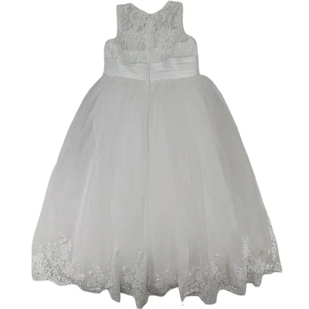 Flower Girl Wedding Pagent Junior Bridesmaid Dress Girls 8-9 White Tulle Overlay